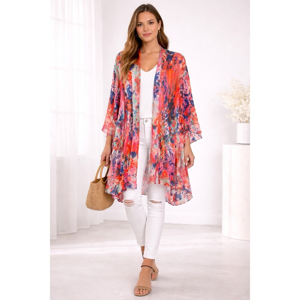 Lifestyle Woman Boho Kimono Cardigan NWT Colorful Abstract Open Front Mid Length